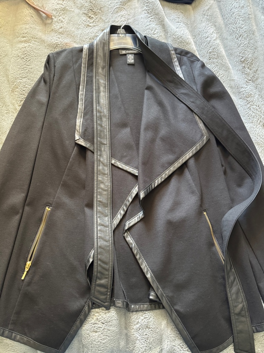 INC International Concepts Black Draped Open Front Blazer with Faux-Leather Trim